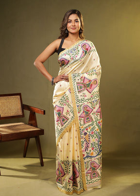 Cream Printed Pure Silk Saree With Blouse Piece
