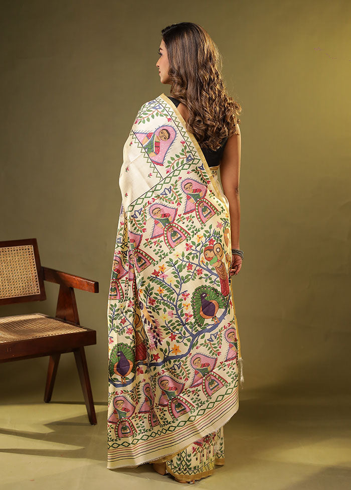 Cream Printed Pure Silk Saree With Blouse Piece