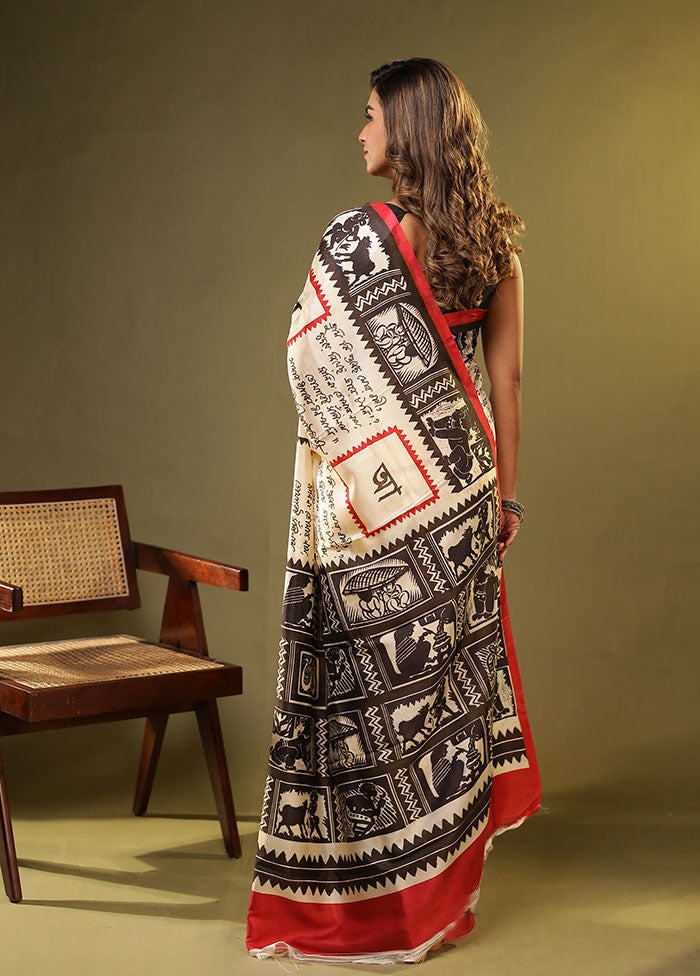 Cream Printed Pure Silk Saree Without Blouse Piece