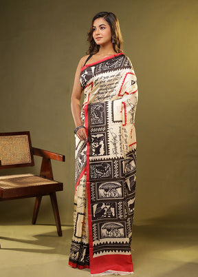 Cream Printed Pure Silk Saree Without Blouse Piece