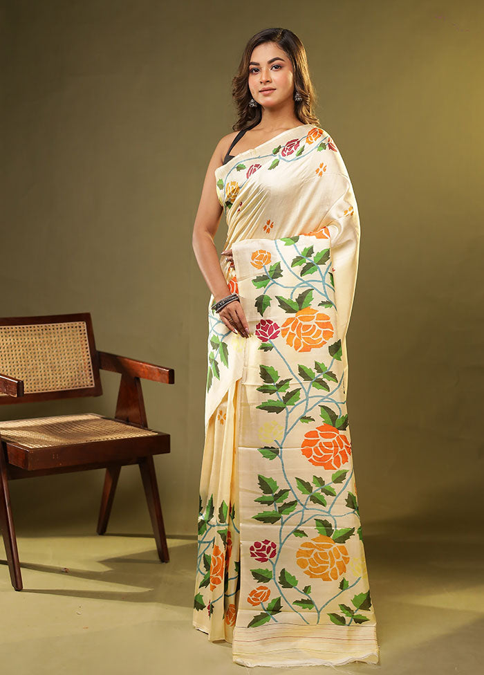 Cream Printed Pure Silk Saree Without Blouse Piece