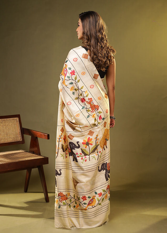 Cream Printed Pure Silk Saree With Blouse Piece