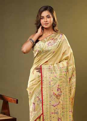 Cream Printed Pure Silk Saree Without Blouse Piece