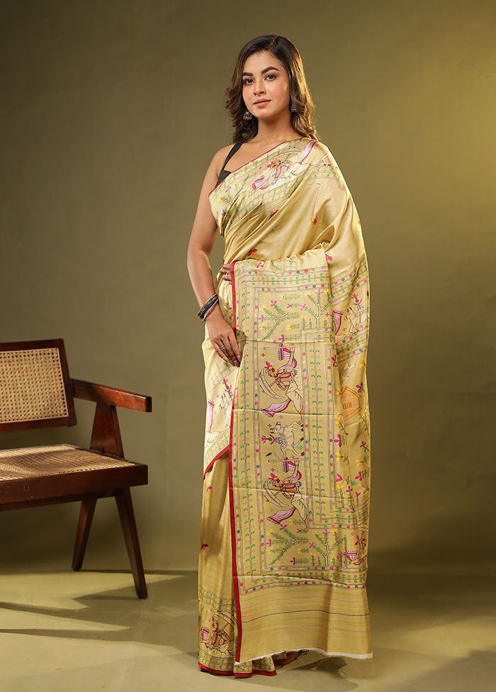 Cream Printed Pure Silk Saree With Blouse Piece