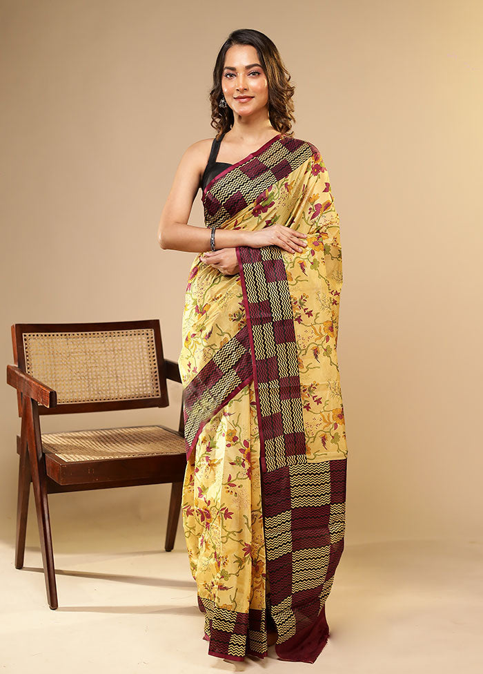 Cream Printed Pure Silk Saree Without Blouse Piece