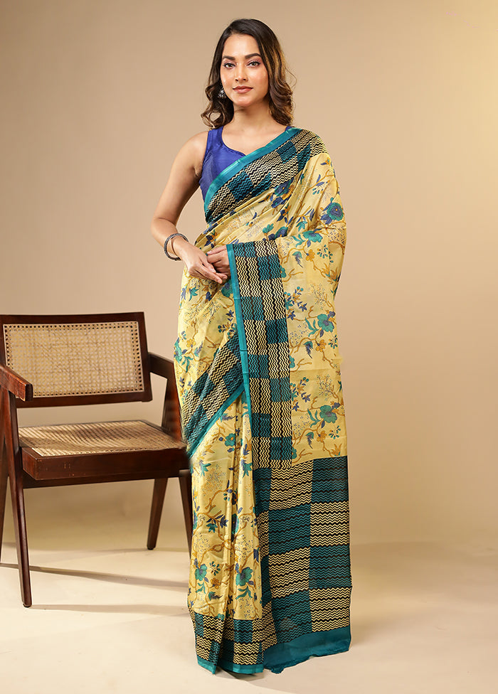 Cream Printed Pure Silk Saree Without Blouse Piece
