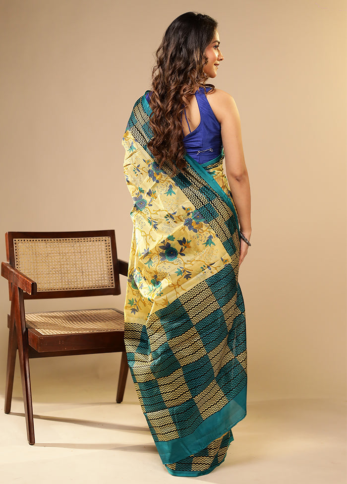 Cream Printed Pure Silk Saree Without Blouse Piece
