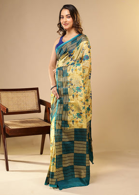 Cream Printed Pure Silk Saree Without Blouse Piece