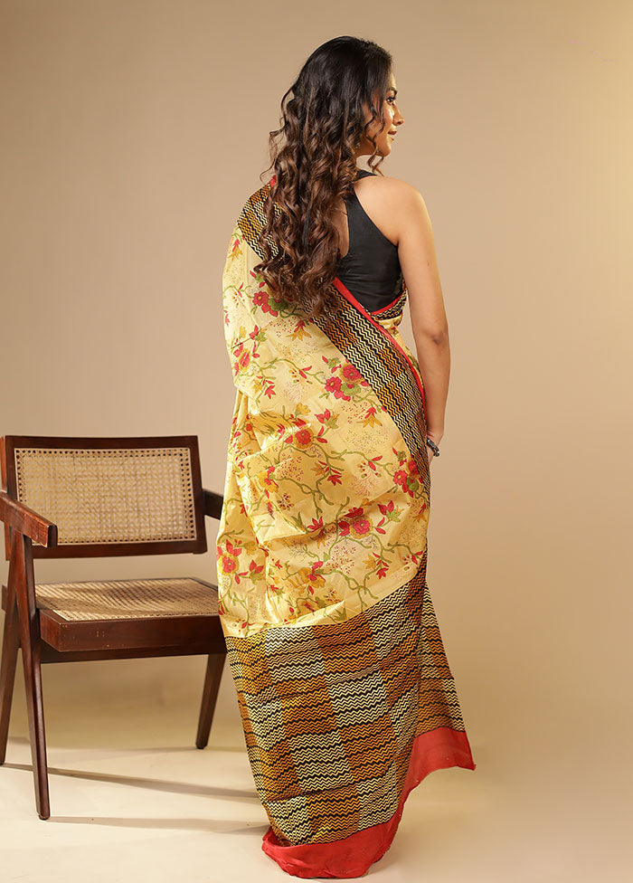 Cream Printed Pure Silk Saree Without Blouse Piece