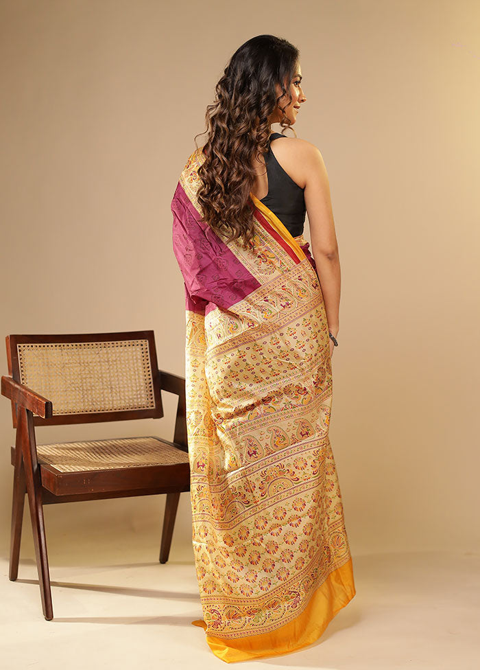 Purple Printed Pure Silk Saree Without Blouse Piece