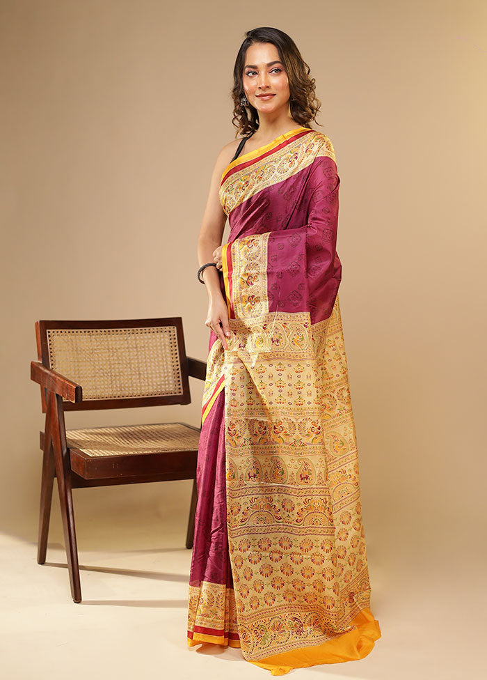 Purple Printed Pure Silk Saree Without Blouse Piece