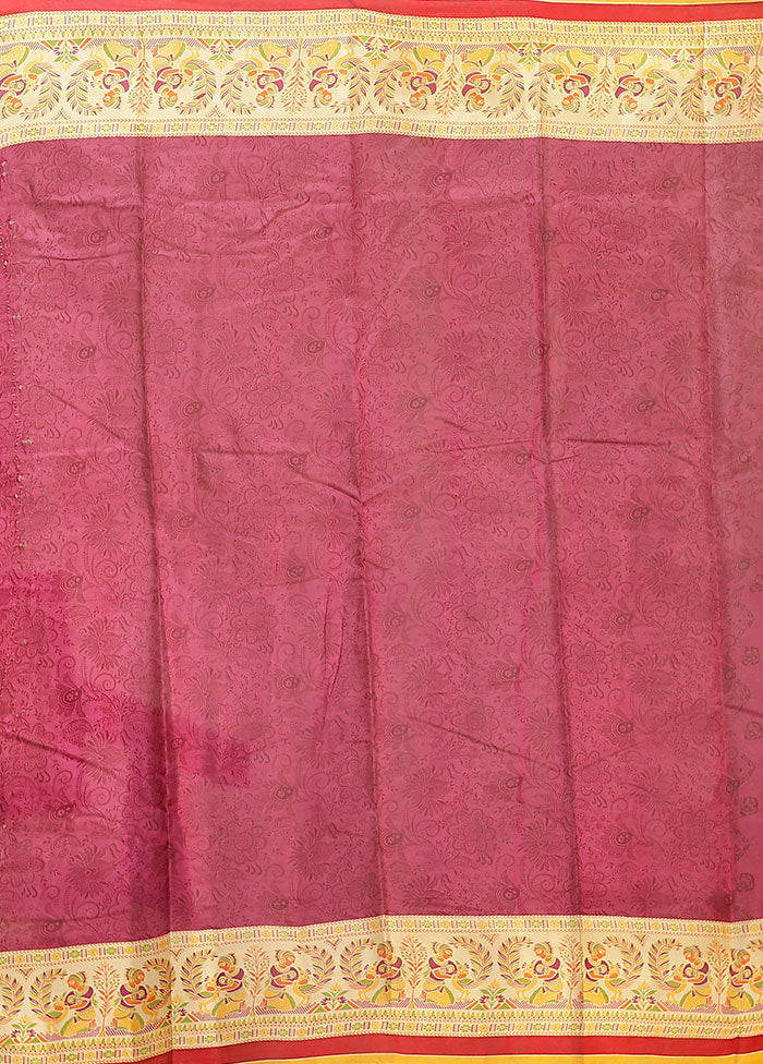 Purple Printed Pure Silk Saree Without Blouse Piece