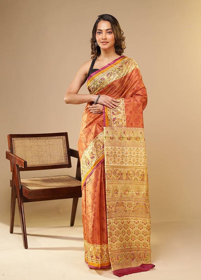 Rust Printed Pure Silk Saree Without Blouse Piece