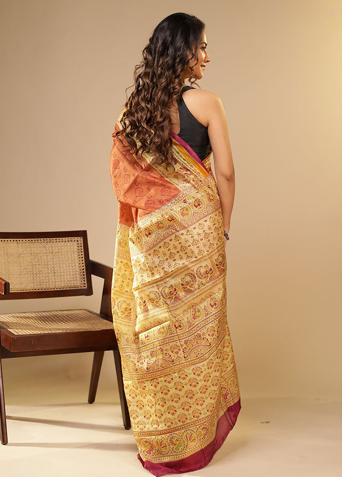 Rust Printed Pure Silk Saree Without Blouse Piece