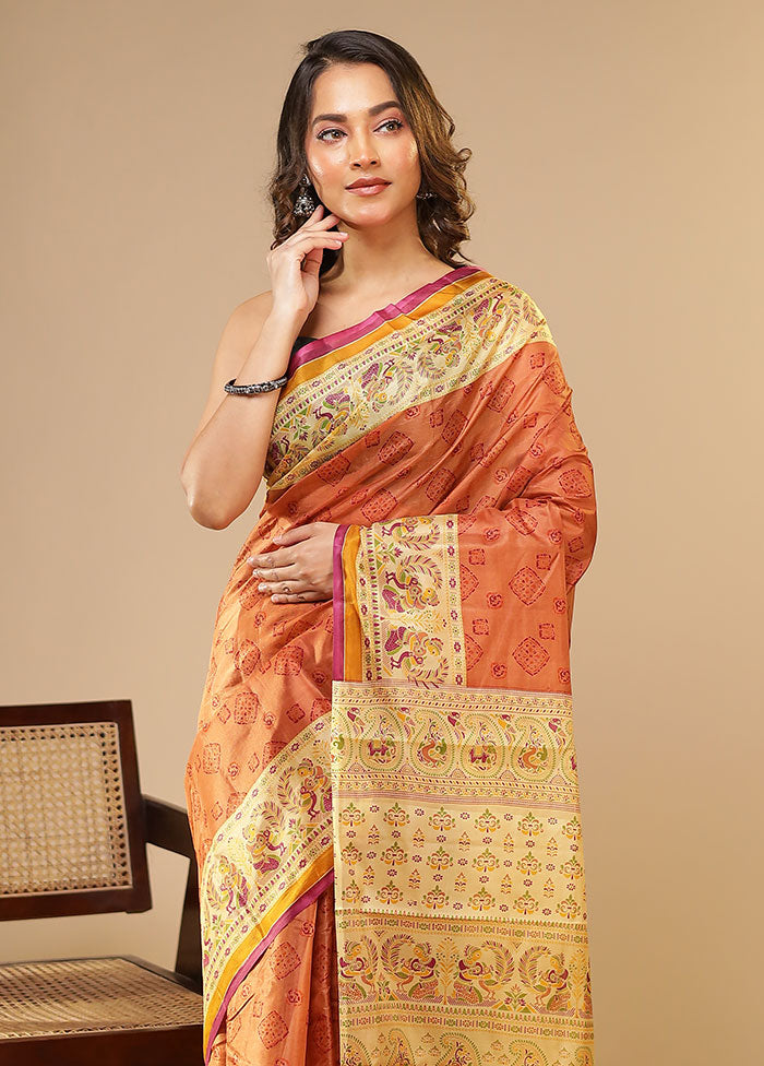 Rust Printed Pure Silk Saree Without Blouse Piece