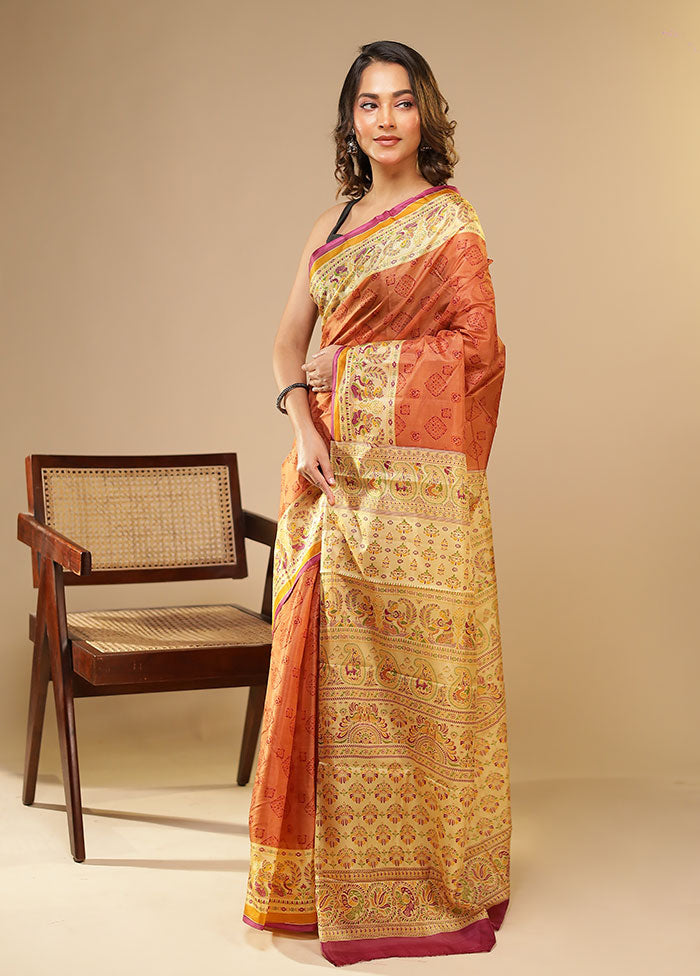 Rust Printed Pure Silk Saree Without Blouse Piece