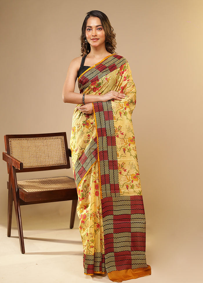 Cream Printed Pure Silk Saree Without Blouse Piece