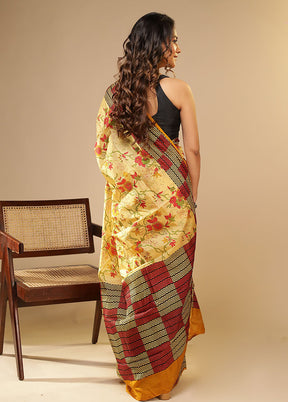 Cream Printed Pure Silk Saree Without Blouse Piece