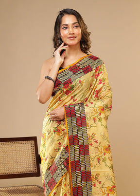 Cream Printed Pure Silk Saree Without Blouse Piece