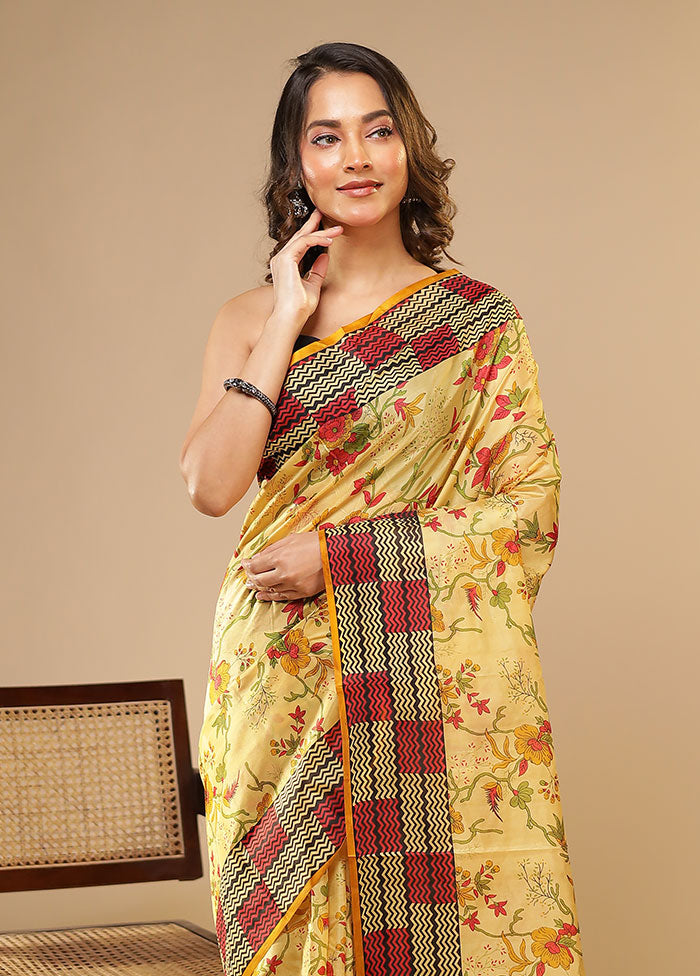 Cream Printed Pure Silk Saree Without Blouse Piece