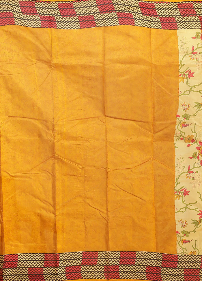 Cream Printed Pure Silk Saree Without Blouse Piece