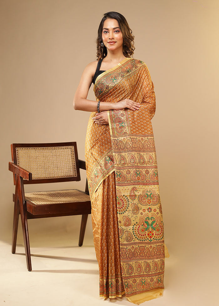 Cream Printed Pure Silk Saree Without Blouse Piece