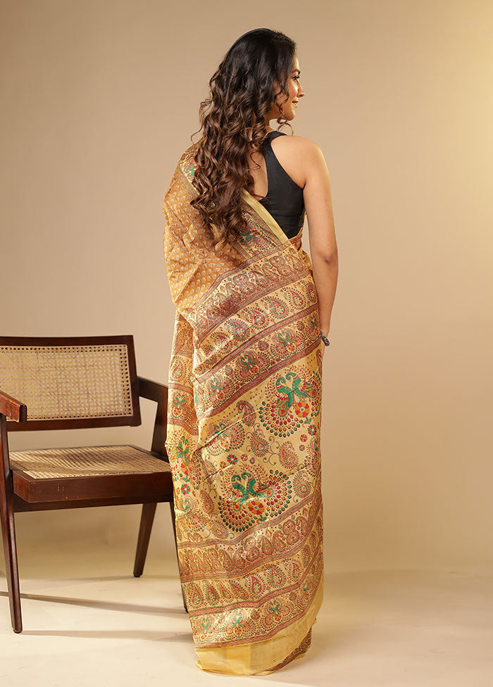 Cream Printed Pure Silk Saree Without Blouse Piece