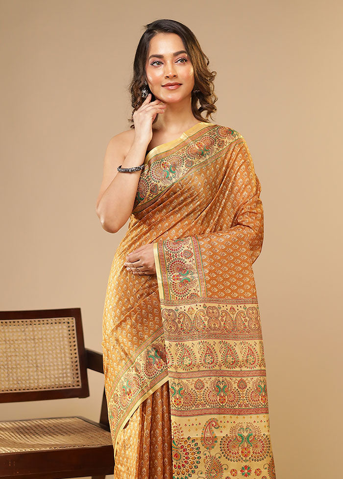 Cream Printed Pure Silk Saree Without Blouse Piece
