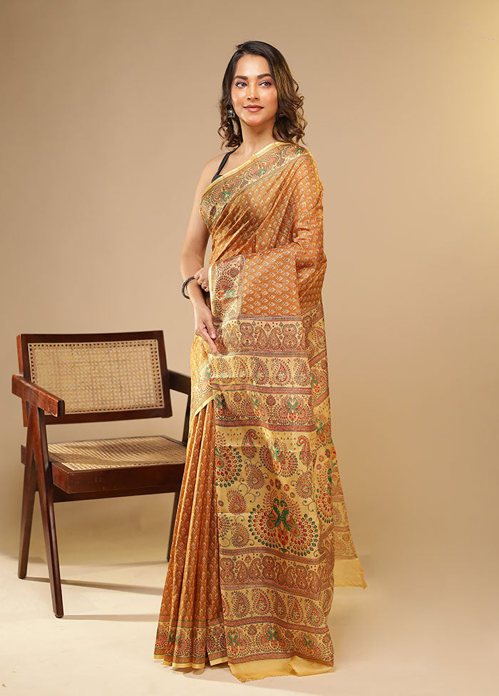 Cream Printed Pure Silk Saree Without Blouse Piece