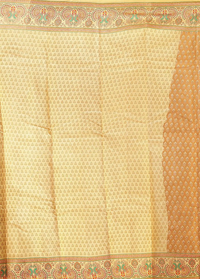 Cream Printed Pure Silk Saree Without Blouse Piece