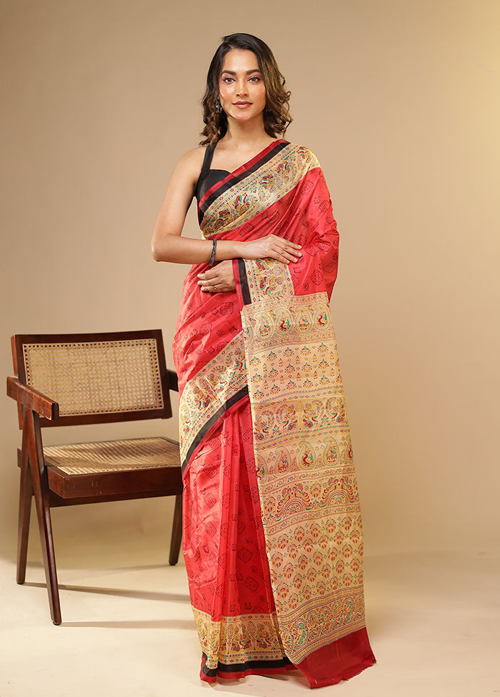 Pink Printed Pure Silk Saree Without Blouse Piece