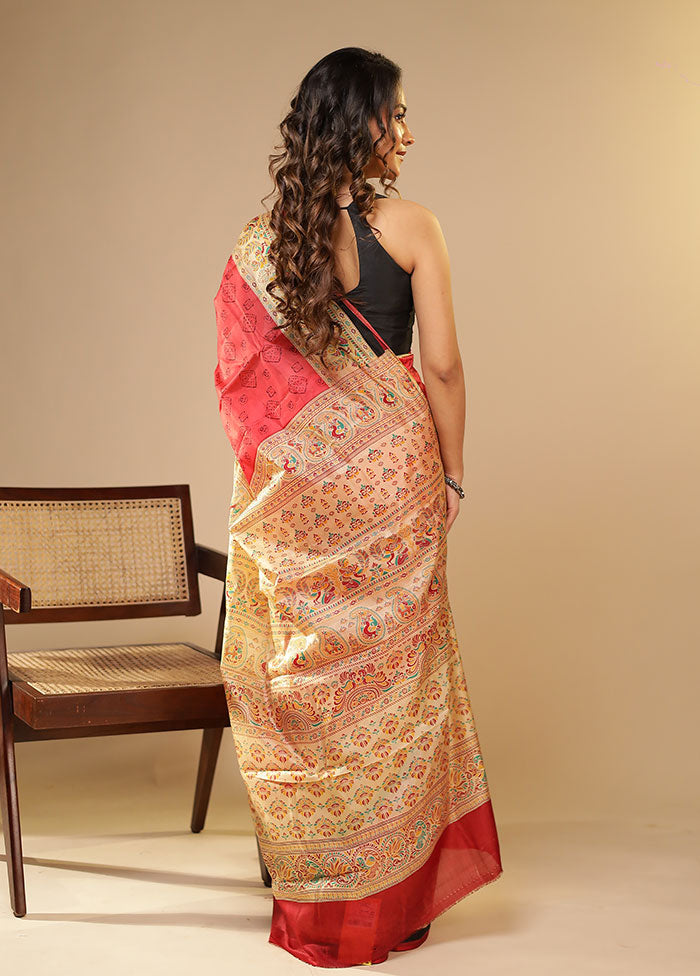 Pink Printed Pure Silk Saree Without Blouse Piece