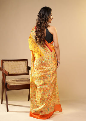 Yellow Printed Pure Silk Saree Without Blouse Piece