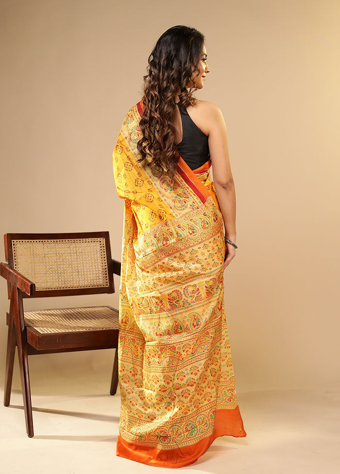 Yellow Printed Pure Silk Saree Without Blouse Piece
