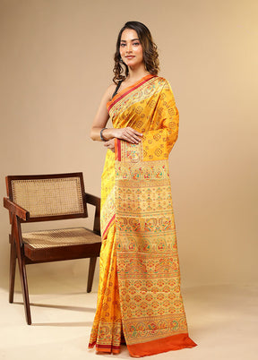 Yellow Printed Pure Silk Saree Without Blouse Piece