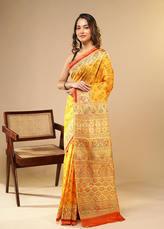 Yellow Printed Pure Silk Saree Without Blouse Piece