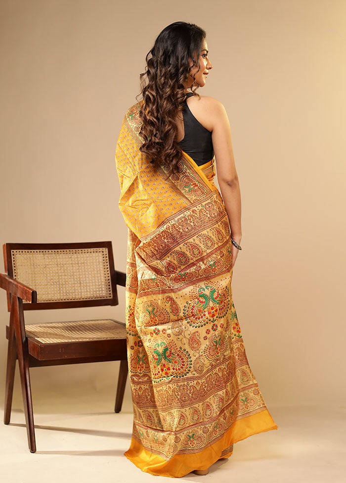 Yellow Printed Pure Silk Saree Without Blouse Piece