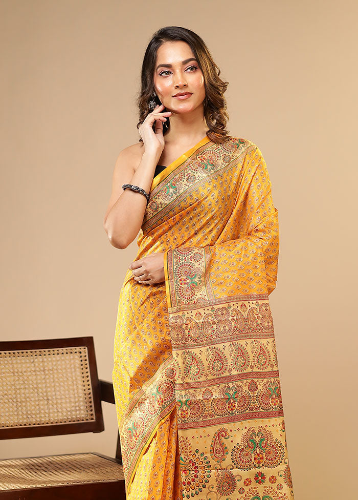 Yellow Printed Pure Silk Saree Without Blouse Piece