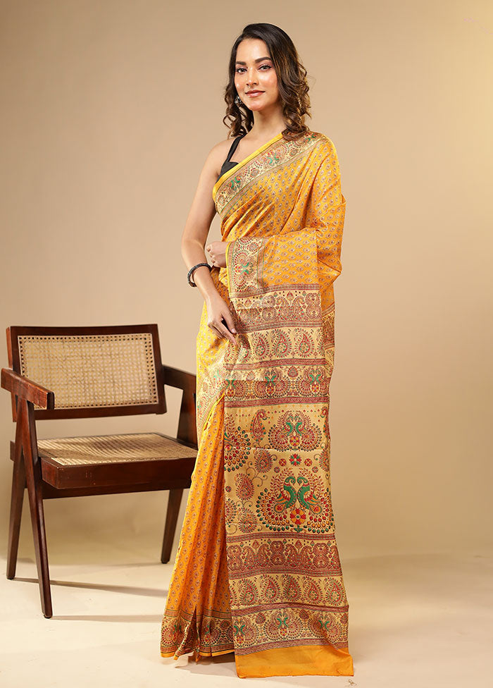 Yellow Printed Pure Silk Saree Without Blouse Piece