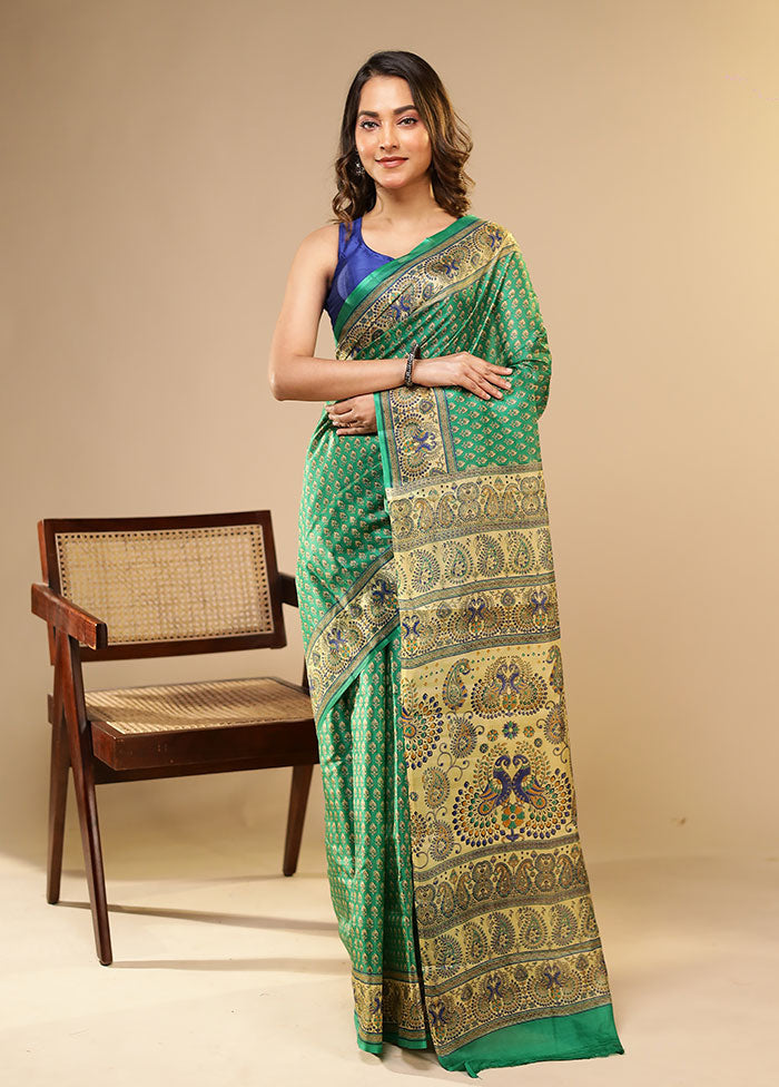 Green Printed Pure Silk Saree Without Blouse Piece