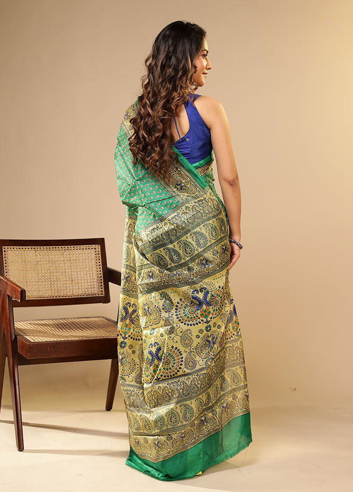 Green Printed Pure Silk Saree Without Blouse Piece
