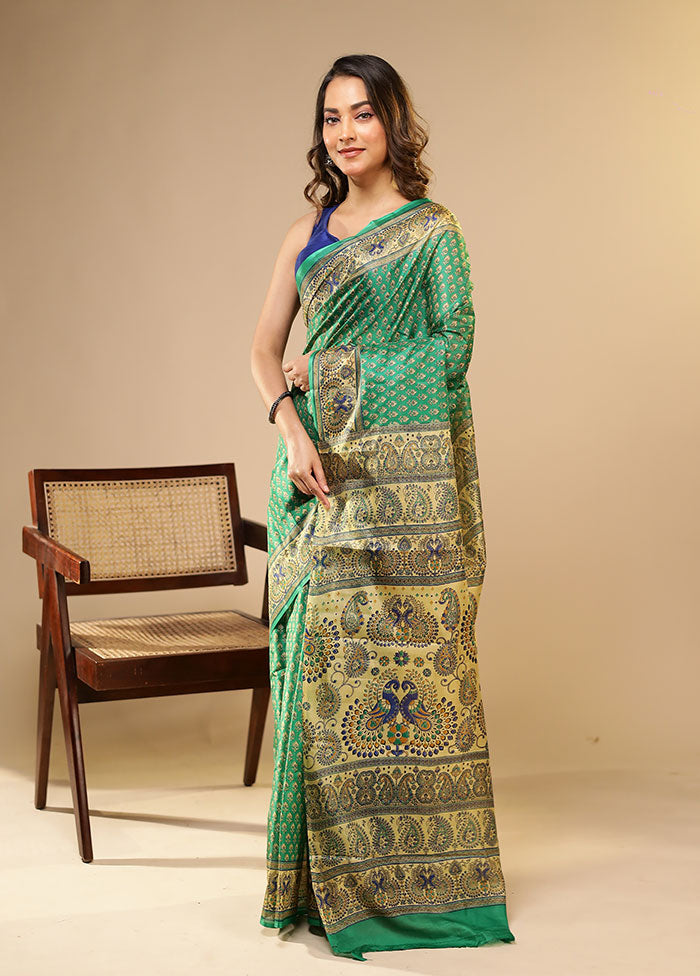 Green Printed Pure Silk Saree Without Blouse Piece