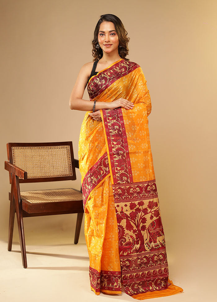 Yellow Printed Pure Silk Saree Without Blouse Piece