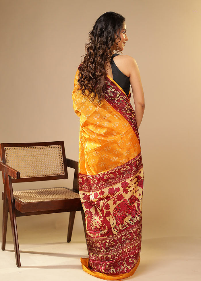Yellow Printed Pure Silk Saree Without Blouse Piece