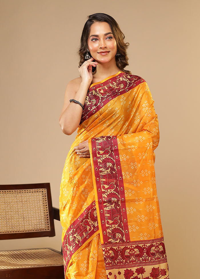 Yellow Printed Pure Silk Saree With Blouse Piece