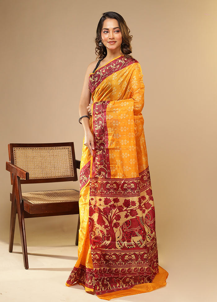 Yellow Printed Pure Silk Saree Without Blouse Piece