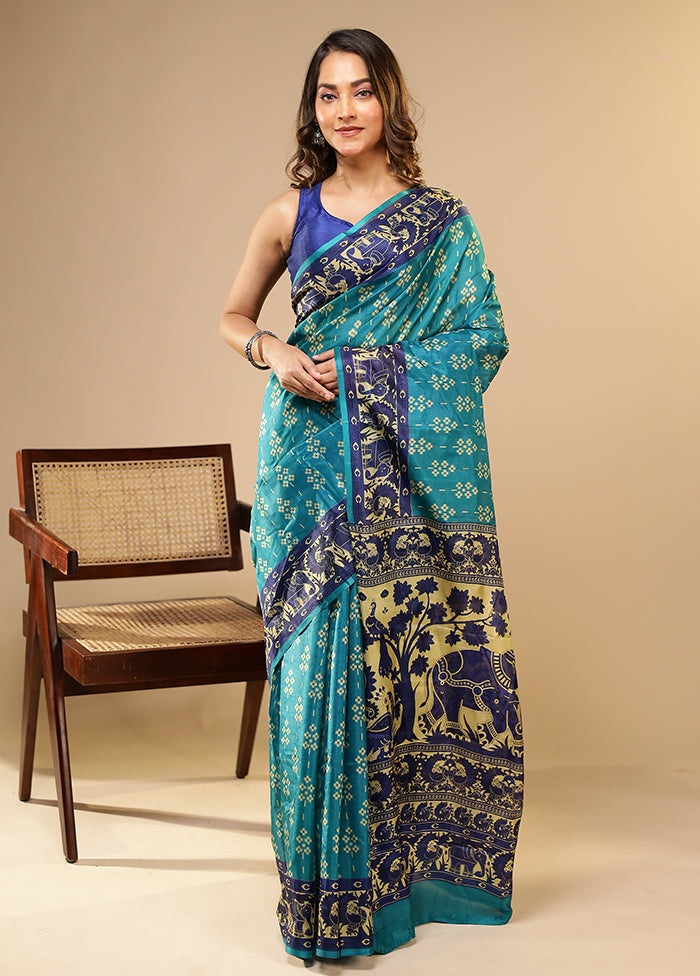 Blue Printed Pure Silk Saree With Blouse Piece