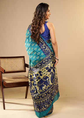 Blue Printed Pure Silk Saree Without Blouse Piece