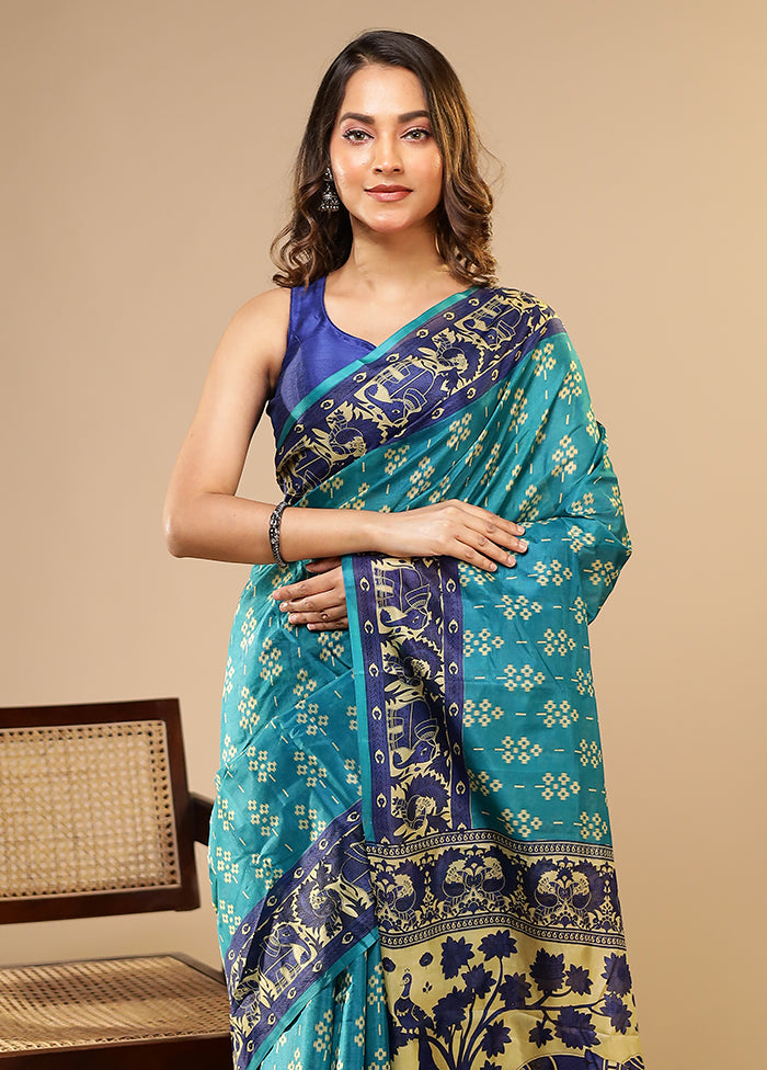 Blue Printed Pure Silk Saree Without Blouse Piece