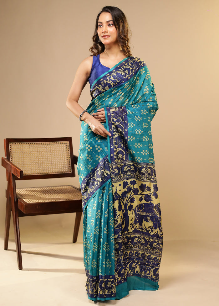 Blue Printed Pure Silk Saree Without Blouse Piece